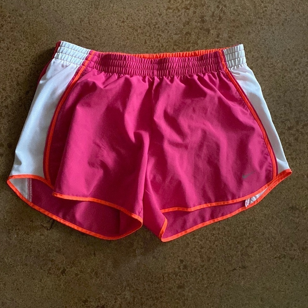 NIKE women’s pink, white, and neon orange Dri-FIT Running workout shorts‎